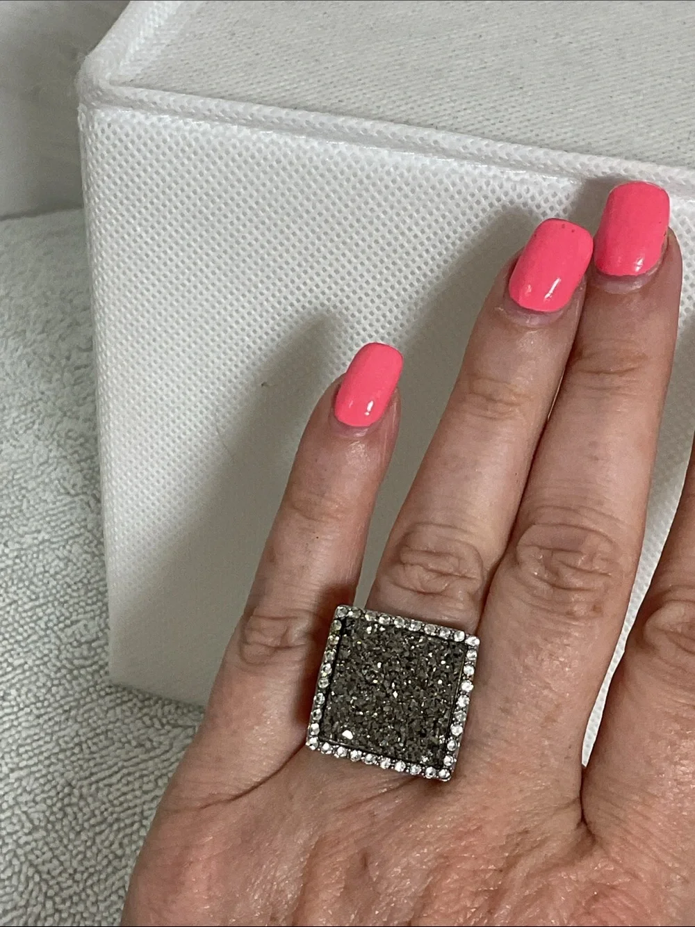 Colleen Lopez Silver Tone Square Charcoal Druzy Mosaic Pavé Statement Ring Sz 8